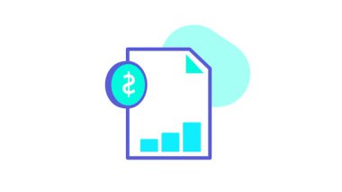 Dolar işaretli bir mali rapor simgesi bütçe açıklığını, gelir takibini ve parlak ve minimal dijital düzende sunulan basitleştirilmiş finansal içgörüyü temsil eder..