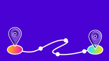 İki mor harita raptiyesi, planlanmış bir seyahat rotası tasarımını göstermek için koyu mavi arka planda küçük durakları olan sarmal beyaz noktalı bir yola bağlıdır.