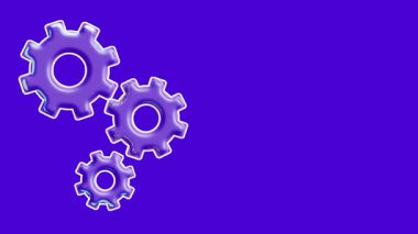 Üç mor metalik dişli bugün mekanik süreçleri ve sistem mühendisliğini temsil etmek için derin bir çivit arkaplan üzerinde yüzüyor.