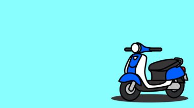 Modaya uygun mavi bir scooter, sade ve modern bir şehir ulaşımını temsil eden açık mavi bir arka plana park edilmiştir.