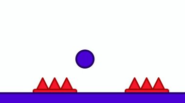 Mor dairesel bir karakter, parlak beyaz bir odada koyu mavi bir zemin boyunca uzanan keskin kırmızı üçgen çivilerin üzerinden dikkatle atlıyor.