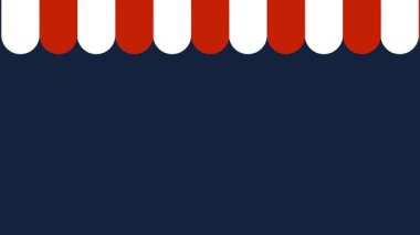 Siyah çerçevenin tepesinde asılı kırmızı ve beyaz çizgili bir tente bir sirk ya da karnaval kabininin girişini işaret ediyor.