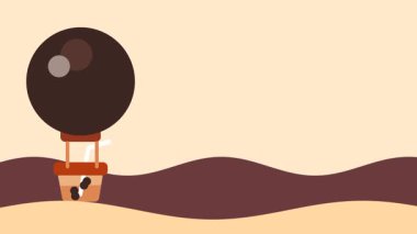 Koyu kahverengi yuvarlak bir balon. Küçük bir sepet, açık kahverengi bir gökyüzünün altında yuvarlanan kahverengi tepelerin üzerinde süzülür. Sıcak ve minimalist bir sahne yaratır.