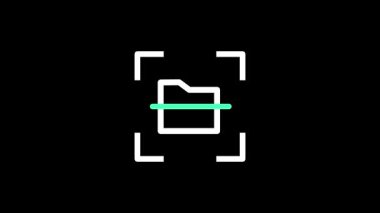 Bir dosya organizasyonu veya depolama yönetim fonksiyonunu belirtmek için siyah arkaplan üzerinde beyaz bir tarama çerçevesi içinde bir yeşil dizin simgesi merkezlenir