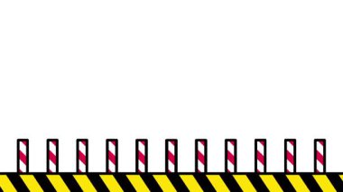 Güvenlik çiti oluşturmak için sarı taban boyunca bir dizi kırmızı ve beyaz çizgili kalın çizgi dizilmiştir.