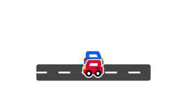 Bir çok kırmızı ve mavi araba sürekli bir kaldırım boyunca tek sıra halinde ilerliyor.