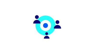 Mavi dairesel bir ikonda üç soyut insan figürü ortak bir ekibi ya da birleşik bir toplum merkezini temsil etmek için merkezi bir noktayı çevrelemektedir.