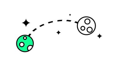 Küçük yeşil bir gezegen, kraterli bir uyduya noktalı bir yörüngeyle bağlanarak uzay yolculuğunu ya da yıldızların yörüngesinde bir gezegen yörüngesini gösterir.
