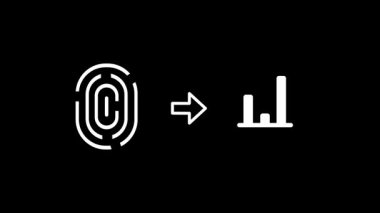 Bir çubuk grafiğine işaret eden parmak izi simgesi, eşsiz biyometrik verilerin eyleme geçirilebilir analitik veya kullanıcı içgörülerine dönüştürülme sürecini gösterir