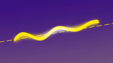 Işıldayan sarı dalgalı bir çizgi, akışkan hareket ve soyut ışık enerjisi hissi yaratmak için koyu mor ve mavi bir arkaplan boyunca yüzer.