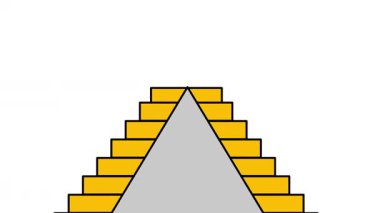 Bir piramit şekilli merdiven seti, içinde gri bir üçgen olan beyaz bir arkaplan üzerine kuruludur ve sarı adımlar hem sol hem de sağ tarafta eşit olarak yükselir.