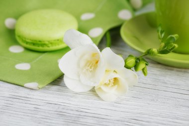 Fincan sade kahve, beyaz Frezya çiçek ve tatlı pastel fren