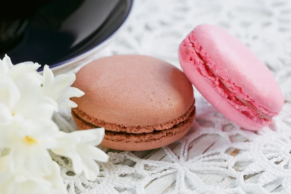 Tasse grüner Tee, Farbe Makronen und weiße Blumen — Stockfoto