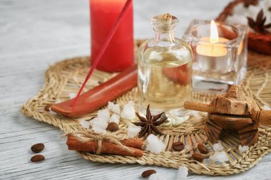 Ahşap arka planda spa tedavisinin bileşimi