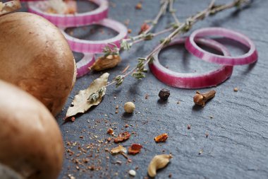 Biberiye, soğan ve karabiber ile butonu mantar. Natürmort