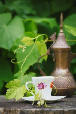 G ile natürmort antika sürahi ve bardak kahve ile kaplı