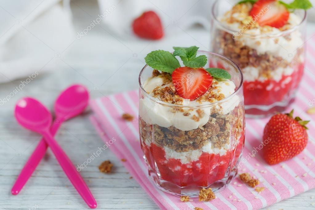 Dessert with fresh berries, cottage cheese, granola and berries Stock