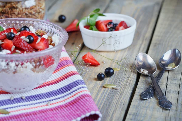 Dessert with fresh berries, cottage  cheese, granola and berries — Stock Photo, Image