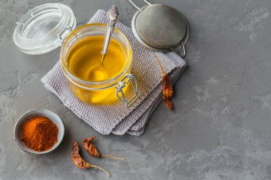 Ev yapımı Ghee veya kavanozdaki tereyağı, kırmızı biber ve kırmızı biber tozu gri beton arka planda.