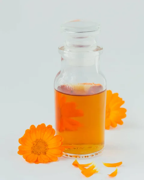 Une Bouteille Teinture Souci Pot Infusion Avec Des Fleurs Calendula — Photo