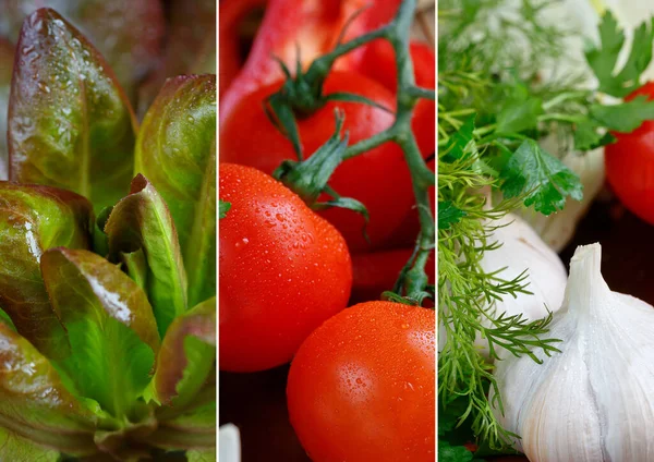 Collage Légumes Frais Crus Herbes Tomates Ail Laitue Pour Une — Photo