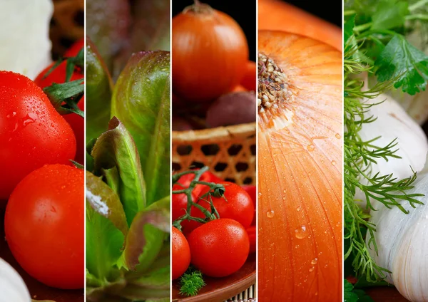 Collage Légumes Frais Crus Herbes Tomates Ail Oignon Laitue Pour — Photo