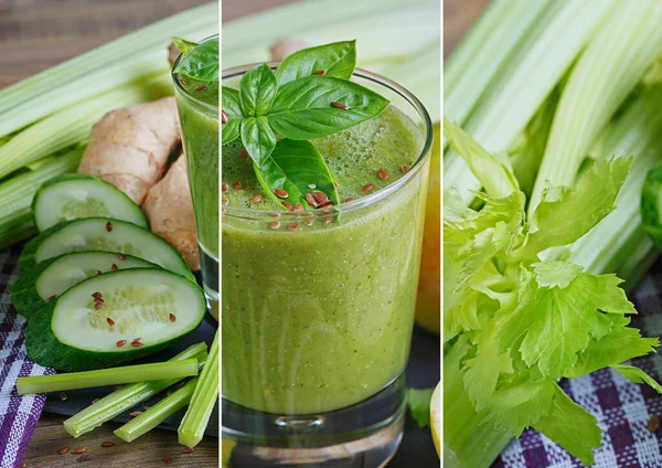 野菜と写真のコラージュ木製の背景に緑のスムージー 健康的な朝食 — ストック写真