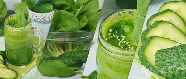 Collage Photos Mason Jar Mugs Filled Fresh Green Spinach Cucumber — Stock Photo, Image