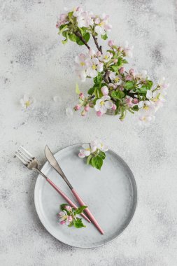 Bahar sofrası, çiçek açan elma ağacı dalları ve ışık masasında çiçekler. Provence tarzı tatil süslemeleri. Romantik bir akşam yemeği. Metin için kopyalama alanı ile birlikte genel giderler