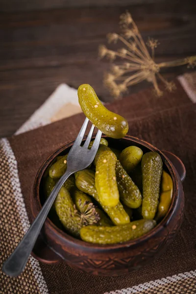 Preserving pickled cucumbers, seasonings and garlic on wooden table