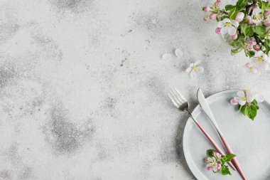 Bahar sofrası, çiçek açan elma ağacı dalları ve ışık masasında çiçekler. Provence tarzı tatil süslemeleri. Romantik bir akşam yemeği. Metin için kopyalama alanı ile birlikte genel giderler