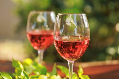 Two glasses of rose wine placed on a wooden table with grape clusters and leaves in sunny garden