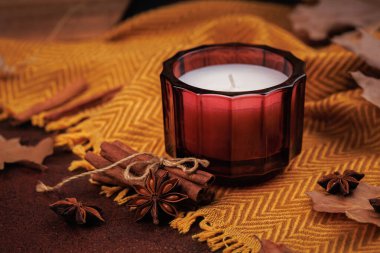 Tarçın çubuklu kırmızı cam mum, yıldız anasonu ve sıcak sarı kumaşta kuru yapraklar.