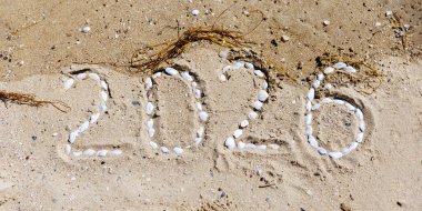 Deniz kabuklarından yaratılan 2026 numaralı panoramik plaj sahnesi yeni başlangıçları ve tatili simgeliyor.