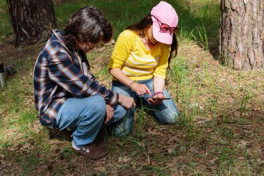 Anne ve genç oğlu ormanda akıllı telefon kullanarak bir şeyi incelemek için çömeliyor.
