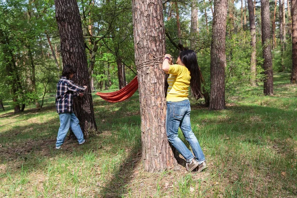 Annesi nihai düğümünü atarken, oğlu orman pikniğinde hamak tutmaya yardım ediyor.