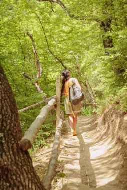 Orta yaşlı şort giymiş bir kadın sırt çantasıyla orman yolunda yürüyor. Çekici kadın gezgin yürüyüş parkurunda rahatlıyor ve doğanın tadını çıkarıyor. Seyahat ve sağlıklı yaşam tarzı
