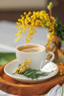 Tahta tepside yeni demlenmiş bir kahve fincanı, mimoza çiçekleriyle çevrili, sakin ve davetkar bir bahar sahnesi yaratıyor..