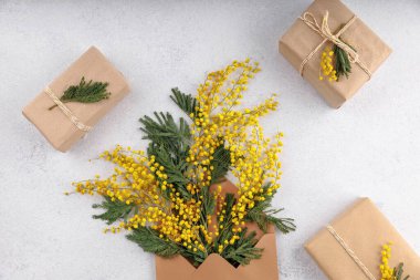 Çevre dostu hediye paketleriyle çevrili bir zarf içinde sarı mimoza çiçekleri bulunan doğal bir hediye düzenlemesi. Bahar kutlamaları ve hediye ilhamı için mükemmel