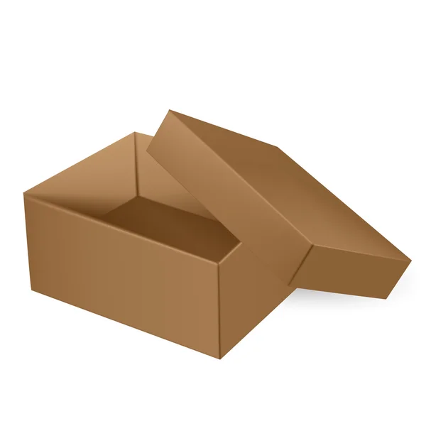 EMBALAGEM VECTOR: Vista superior da caixa de embalagem marrom grossa aberta com tampa em fundo branco isolado. Modelo Mock-up pronto para o projeto . — Vetor de Stock