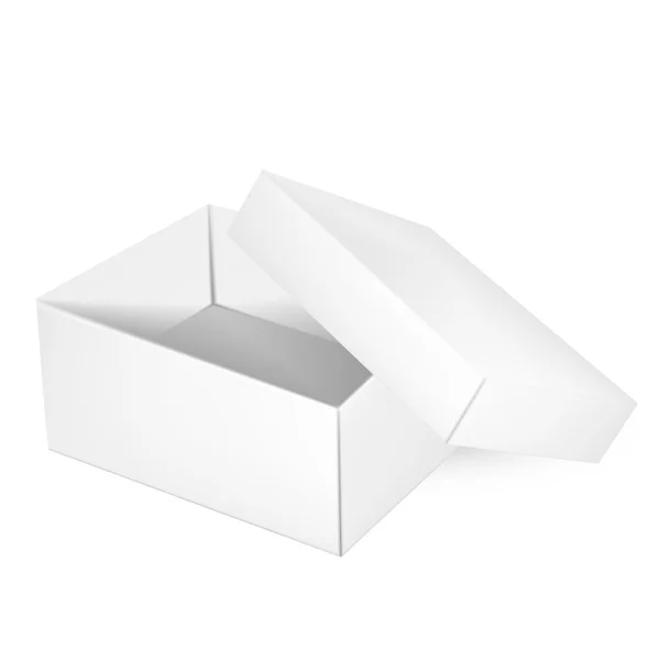 ベクトル包装:隔離された白い背景にカバーが付いている開く厚い白い包装箱の上の眺め。デザインの準備ができているモックアップテンプレート. — ストックベクタ
