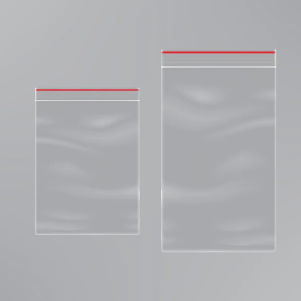 ACONDICIONAMIENTO DEL VECTOR: Conjunto de bolsa de plástico vacía Ziplock sobre fondo gris aislado. Plantilla simulada lista para el diseño . — Archivo Imágenes Vectoriales