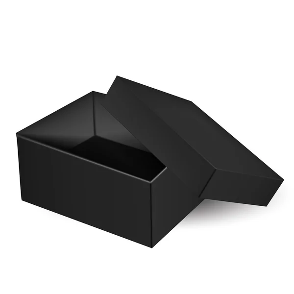 VECTOR PACKAGING: Top view of open thick black packaging box with cover on isolated white background. Mock-up template ready for design. — Stock Vector