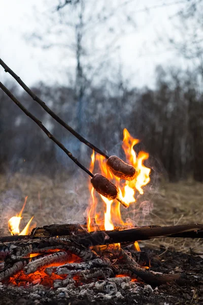 Embutidos en el palo a la parrilla en el fuego — Foto de Stock