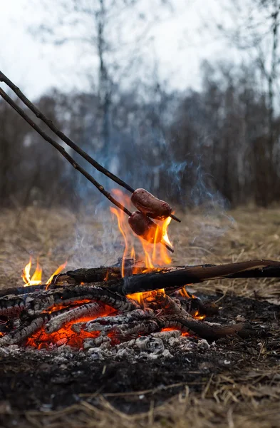 Embutidos en el palo a la parrilla en el fuego — Foto de Stock