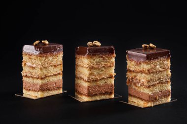 Siyah üzerine izole edilmiş çikolatalı bisküvi parçaları..