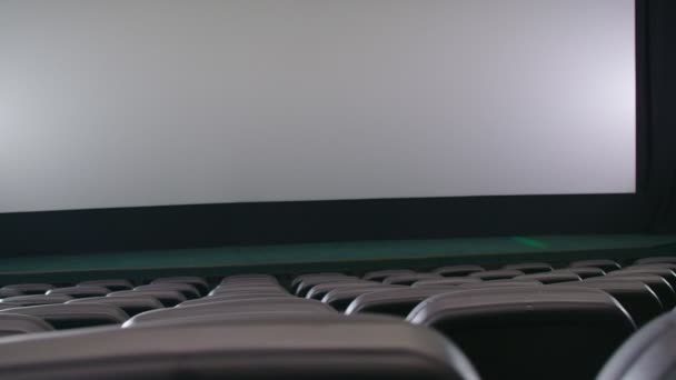 Sıra sıra tiyatro koltukları ve beyaz ekran. — Stok video