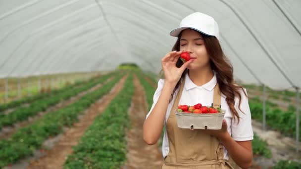 Beautiful woman sniffing and admiring strawberry. — Stock Video