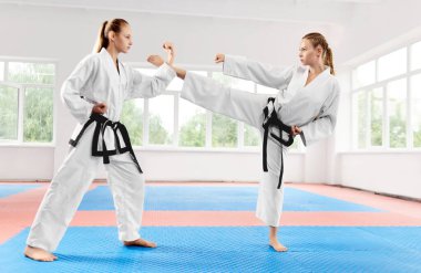 Karate tekniğiyle kavga eden iki kadın sınıfta tekmeleyip yumrukluyor..