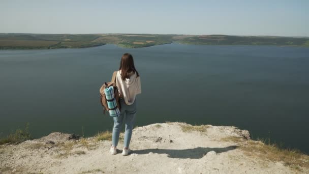 Женщина-путешественница с рюкзаком наслаждается Бакота области — стоковое видео